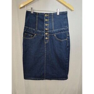 VTG Nesso Denim Skirt Sz 7 High Waist Button Fly Knee Length Stretch Cotton Y2K